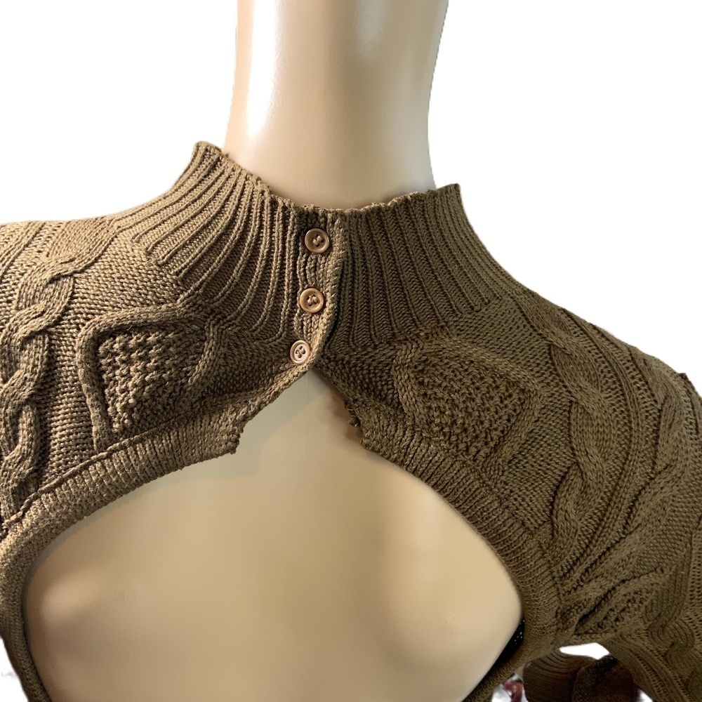 SHEIN Brown Long Sleeve Mock neck Cable Knit Backless Sweater Dress Sz XS Baddie - Picture 6 of 14